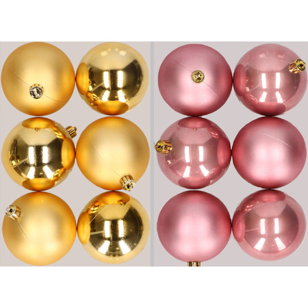 12x stuks kunststof kerstballen mix van goud en oudroze 8 cm