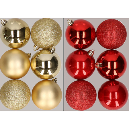 12x stuks kunststof kerstballen mix van goud en rood 8 cm