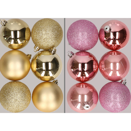 12x Christmas baubles mix gold and pink 8 cm plastic matte/shiny/glitter