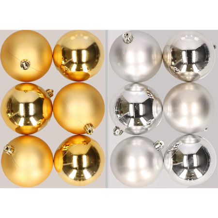 12x stuks kunststof kerstballen mix van goud en zilver 8 cm