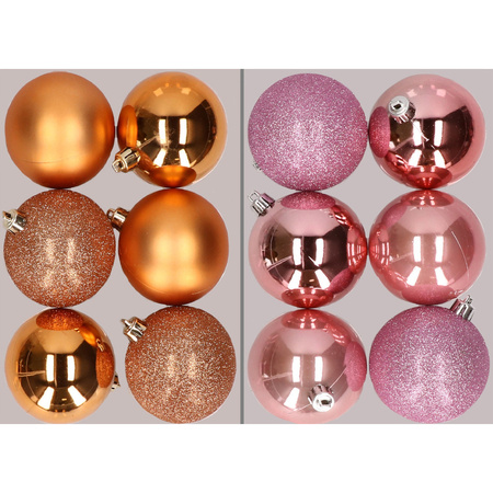 12x stuks kunststof kerstballen mix van koper en roze 8 cm