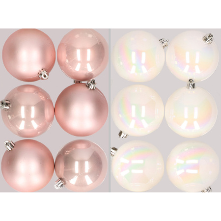 12x stuks kunststof kerstballen mix van lichtroze en parelmoer wit 8 cm
