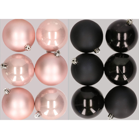 12x Christmas baubles mix light pink and black 8 cm plastic matte/shiny