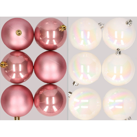 12x stuks kunststof kerstballen mix van oudroze en parelmoer wit 8 cm