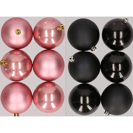 12x stuks kunststof kerstballen mix van oudroze en zwart 8 cm