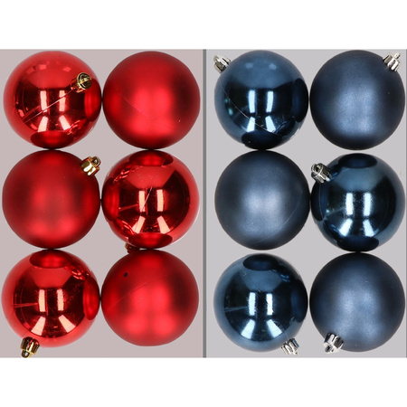 12x stuks kunststof kerstballen mix van rood en donkerblauw 8 cm