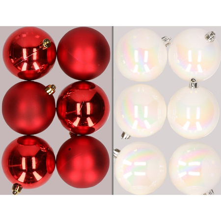 12x stuks kunststof kerstballen mix van rood en parelmoer wit 8 cm