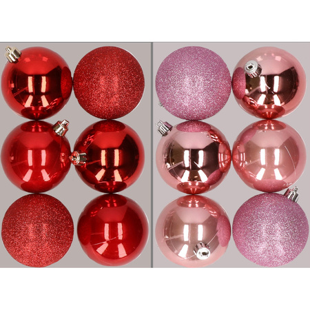 12x Christmas baubles mix red and pink 8 cm plastic matte/shiny/glitter