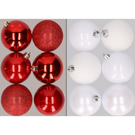 12x stuks kunststof kerstballen mix van rood en wit 8 cm