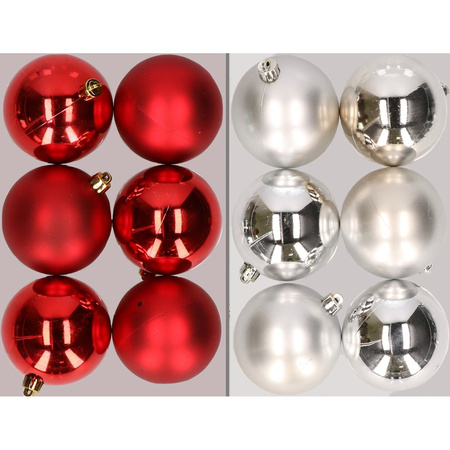 12x Christmas baubles mix red and silver 8 cm plastic matte/shiny