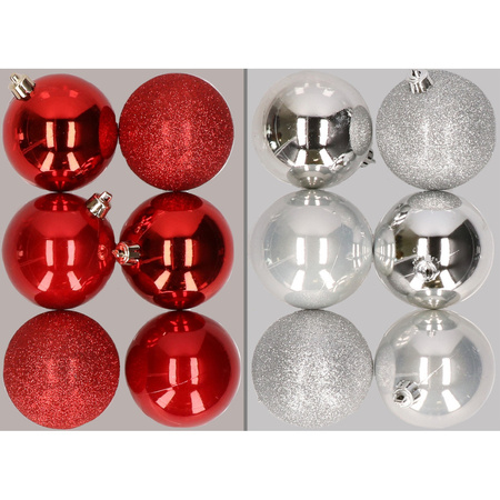 12x Christmas baubles mix red and silver 8 cm plastic matte/shiny/glitter