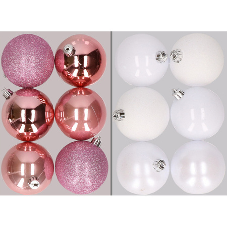 12x stuks kunststof kerstballen mix van roze en wit 8 cm