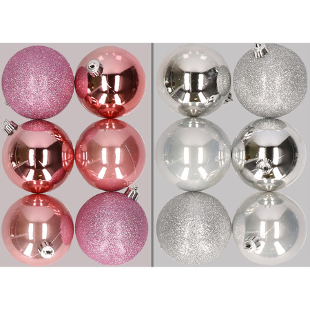 12x Christmas baubles mix pink and silver 8 cm plastic matte/shiny/glitter