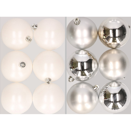 12x stuks kunststof kerstballen mix van winter wit en zilver 8 cm