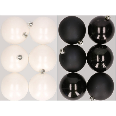 12x stuks kunststof kerstballen mix van winter wit en zwart 8 cm