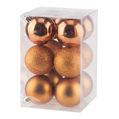 24x Christmas baubles mix copper and orange 6 cm plastic matte/shiny/glitter