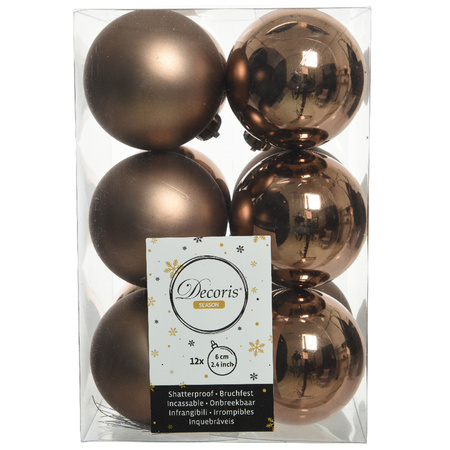 12x stuks kunststof kerstballen walnoot bruin 6 cm glans/mat