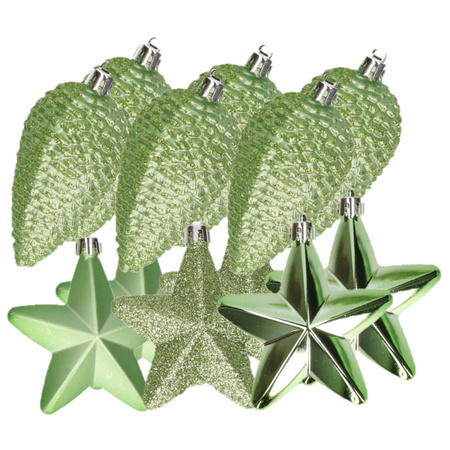 12x stuks kunststof sterren en dennenappel kerstornamenten groen 7-8 cm