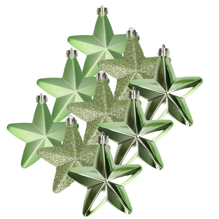 12x stuks kunststof sterren kersthangers groen 7 cm