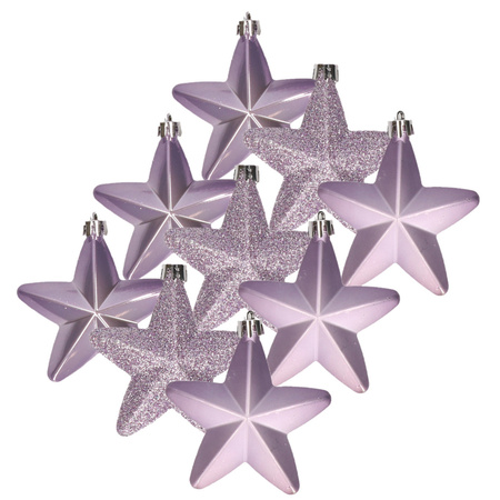 12x stuks kunststof sterren kersthangers heide lila paars 7 cm