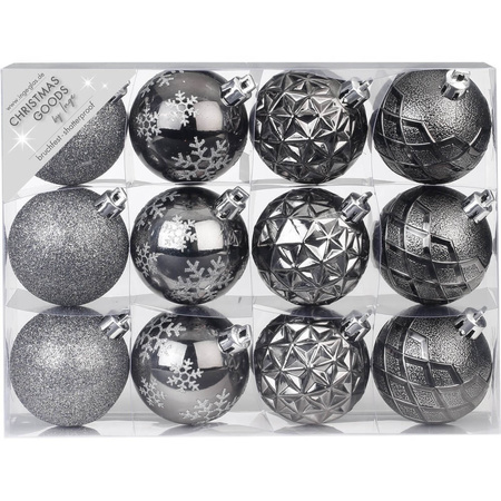 12x stuks luxe gedecoreerde kunststof kerstballen antraciet mix 6 cm 