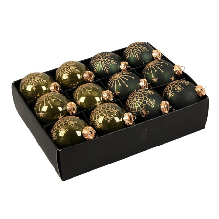 12x stuks luxe glazen gedecoreerde kerstballen donkergroen 7,5 cm