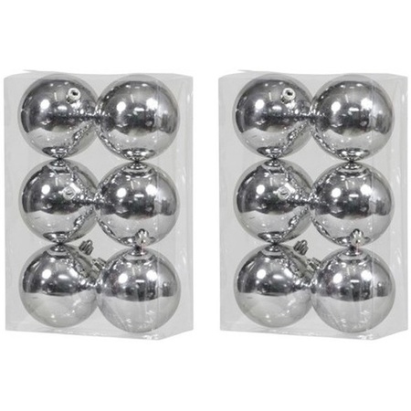 12x Kunststof kerstballen glanzend zilver 10 cm kerstboom versiering/decoratie