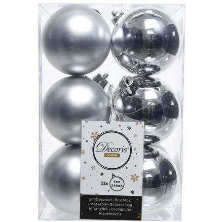 24x pcs plastic christmas baubles mix of silver and dark blue 6 cm