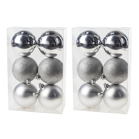12x Silver Christmas baubles 8 cm plastic matte/shiny/glitter