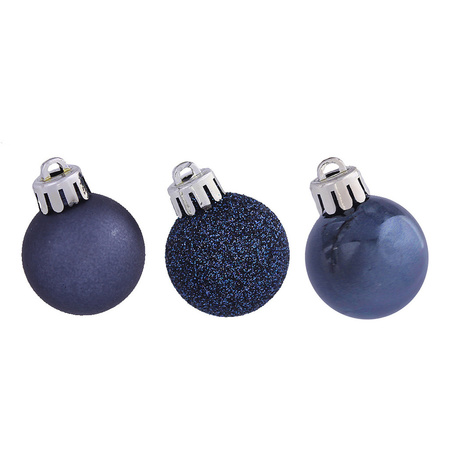 14x stuks kunststof kerstballen donkerblauw 3 cm glans/mat/glitter