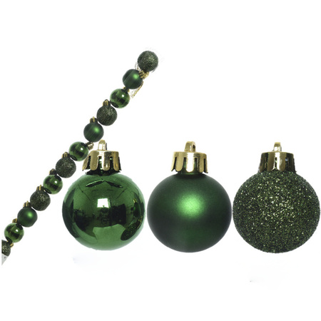 14x pcs plastic dark green christmas baubles 3 cm