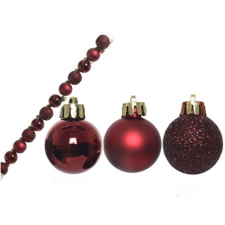 14x stuks kunststof kerstballen donkerrood 3 cm mat/glans/glitter