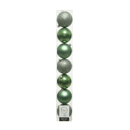 14x stuks kunststof kerstballen salie groen(sage) 8 cm glans/mat/glitter