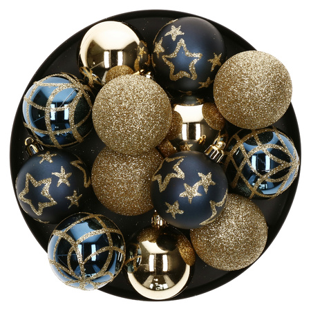 15x pieces christmas baubles mix gold/blue decorated plastic 5 cm