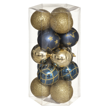15x stuks kerstballen mix goud/blauw gedecoreerd kunststof 5 cm