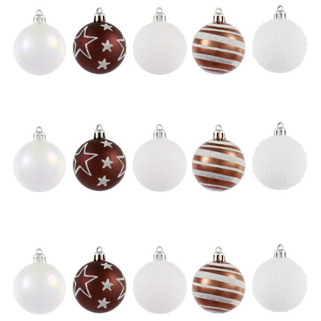 15x stuks kerstballen mix wit/bruin gedecoreerd kunststof 5 cm