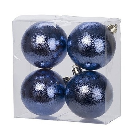 16x Kunststof kerstballen cirkel motief donkerblauw 8 cm kerstboom versiering/decoratie