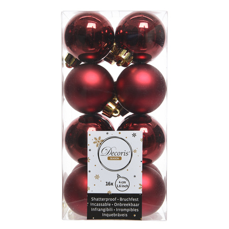 16x Kunststof kerstballen glanzend/mat donkerrood 4 cm kerstboom versiering/decoratie