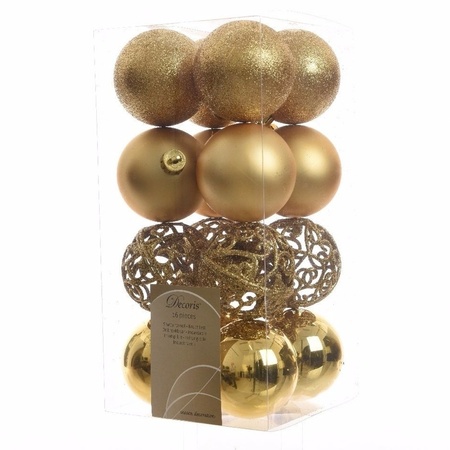 16x stuks kunststof kerstballen 6 cm incl. glazen piek glans goud 
