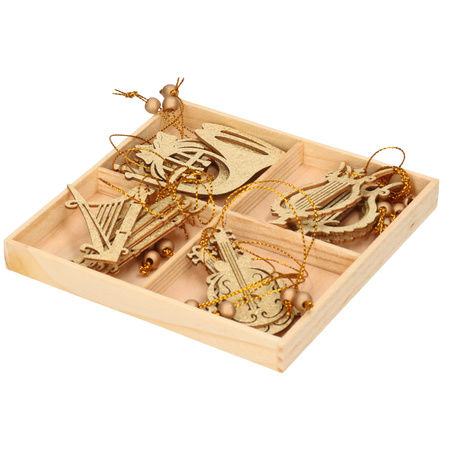 16x Houten kersthangers muziekinstrumenten ornamenten goud 6-7 cm