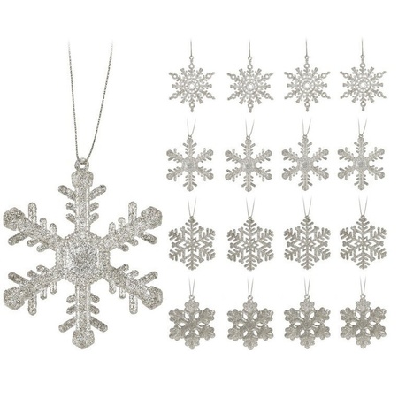 16x Zilveren sneeuwvlok/ijsster kerstornamenten kerst hangers 10 cm met glitters