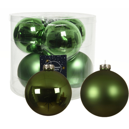 16x Glass christmas baubles mistletoe green 10 cm matt/shiny