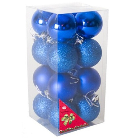 16x stuks kerstballen blauw mix van mat/glans/glitter kunststof 5 cm