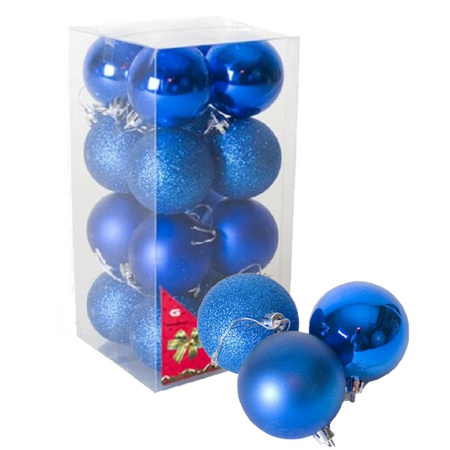 16x stuks kerstballen blauw mix van mat/glans/glitter kunststof 5 cm