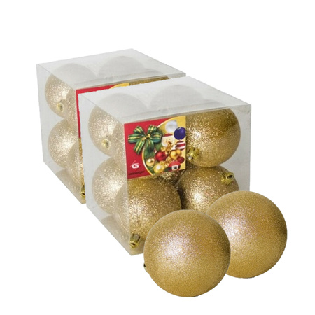 16x stuks kerstballen goud glitters kunststof 7 cm