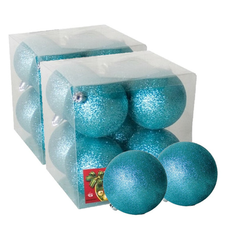 16x stuks kerstballen ijsblauw glitters kunststof 7 cm
