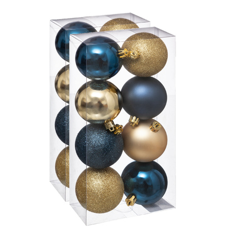 16x stuks kerstballen mix blauw/champagne glans en mat kunststof 7 cm