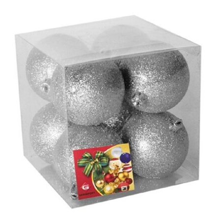 16x stuks kerstballen zilver glitters kunststof 7 cm