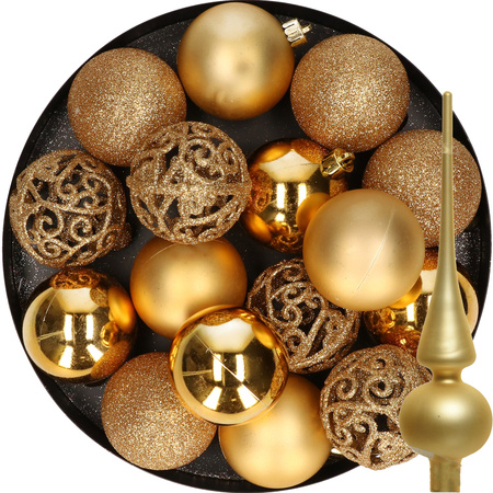 16x stuks kunststof kerstballen 6 cm incl. glazen piek mat goud 