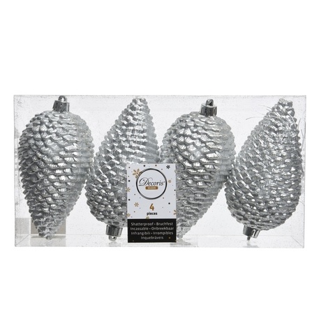 16x Silver pinecones Christmas baubles 12 cm plastic glitter